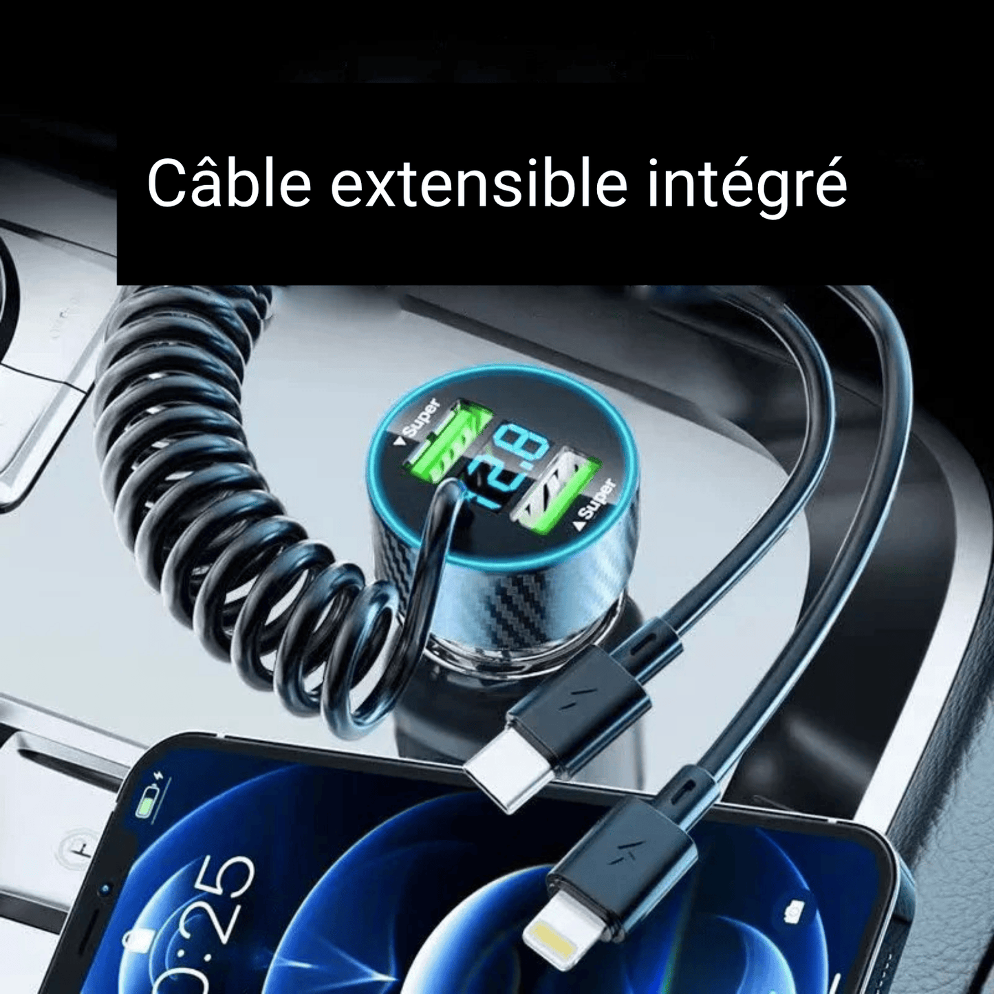 Chargeur Voiture 4 Ports – Allume-Cigare Avec Câble Extensible