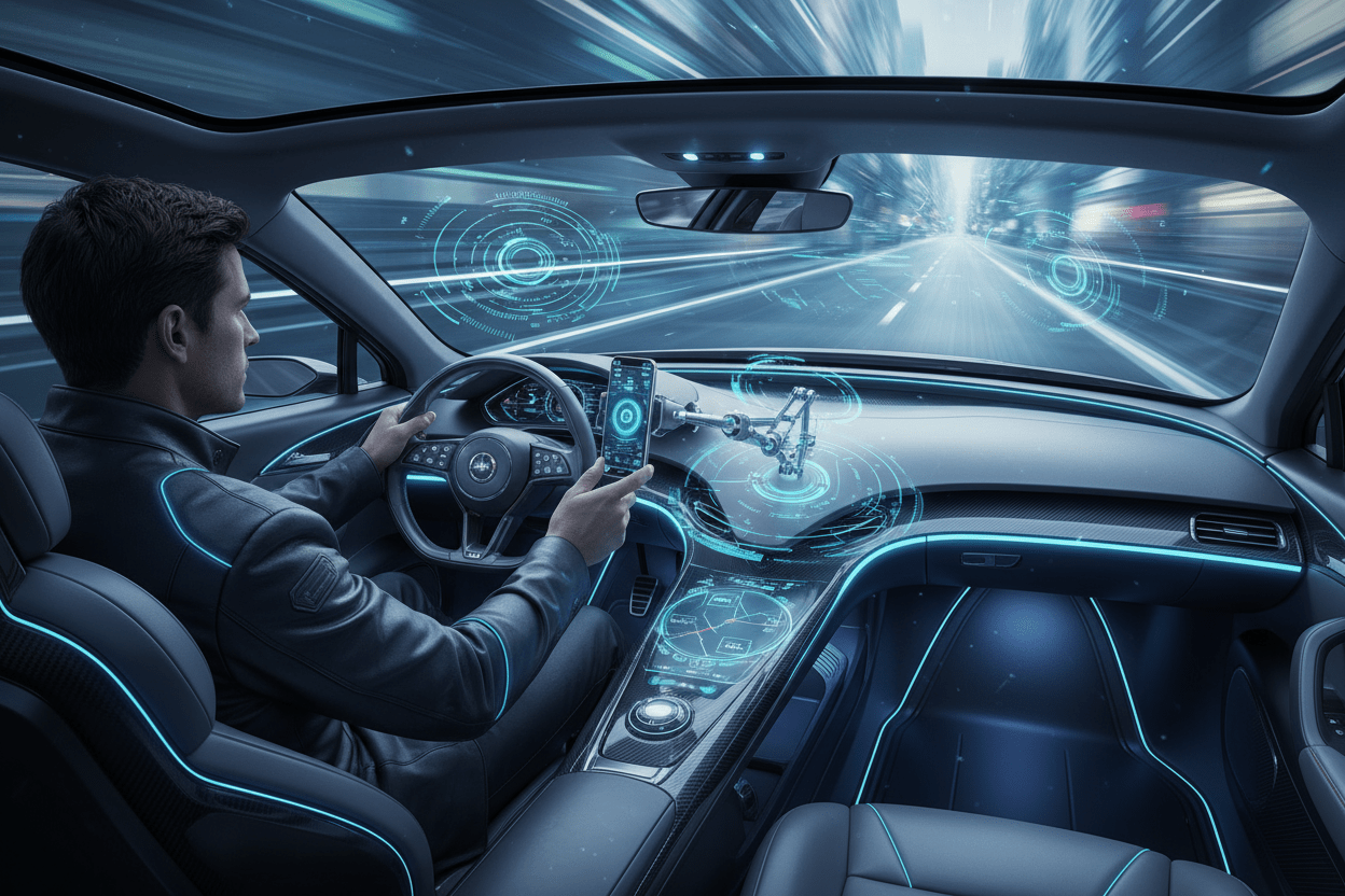 un mec en voiture qui roule et qui touche son support téléphone voiture futuriste